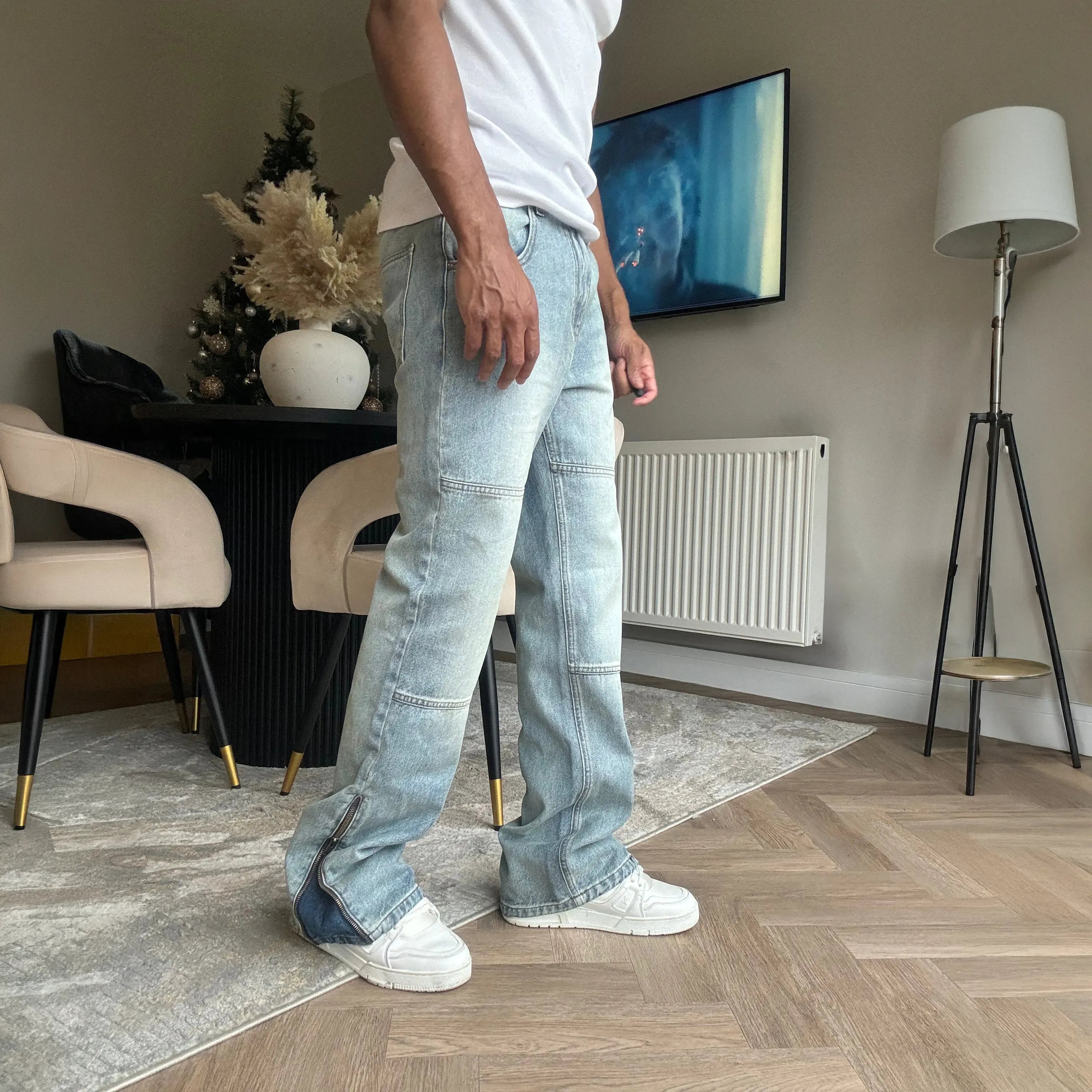 Front Side View of Bénir Clothing Zip Flare Sky Blue Jeans ZIPHEM-BLU